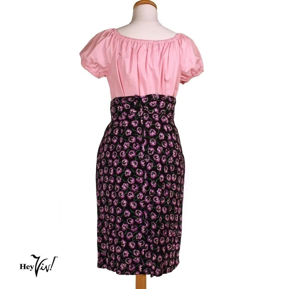 Vintage Worthington Midi Skirt 14 Black Violet Pansy Print High Waist - Hey Viv